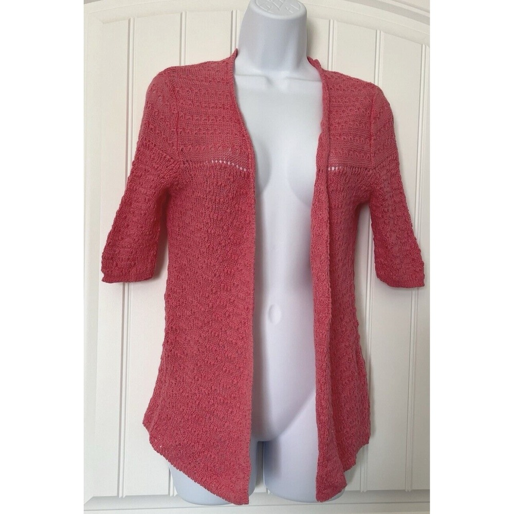 Grace Womens Medium Pink Open Front Lace Cardigan 3/4 Sleeves Light Sweater